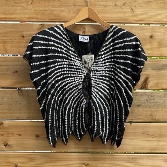 Vintage Tops - 70s 80s Silk Sequin Butterfly Top